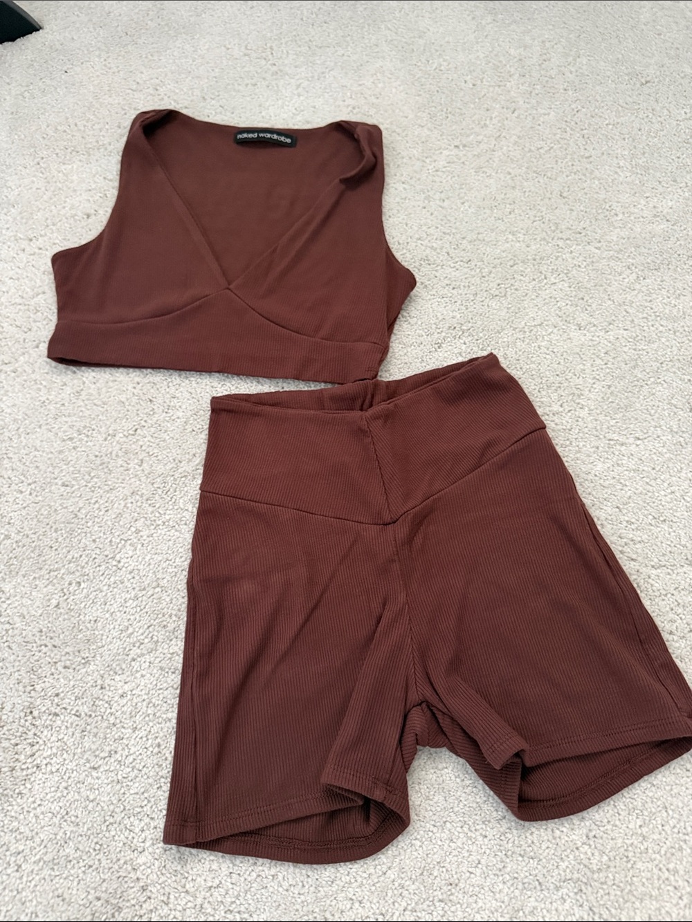 naked wardrobe High-Waist Ribbed Shorts Set in Brick Brown